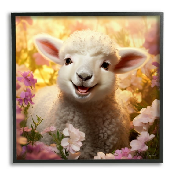 Stupell Industries Lamb in Flower Meadow Animals & Insects Painting Black Framed Art Print Wall Art, 12 x 12
