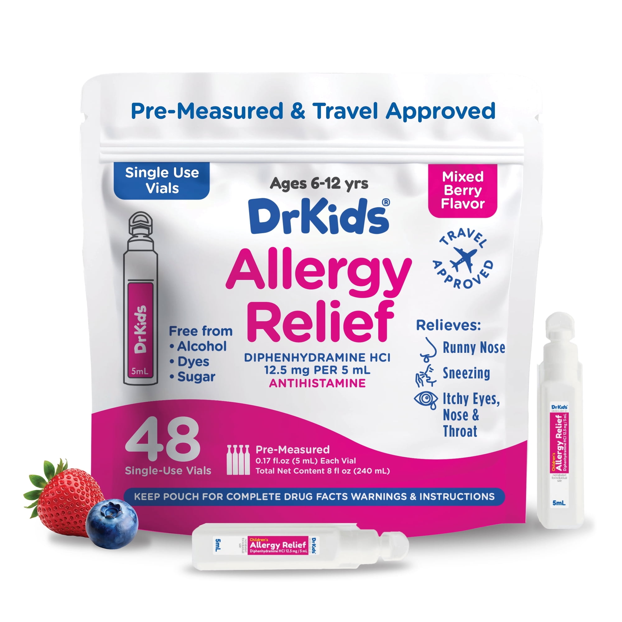 DrKids Children's Allergy Relief Medicine with Diphenhydramine - Pre-Measured Single-Use Vials - Antihistamine for Sneezing, Runny Nose & Itchy Eyes, Mixed Berry Flavor, 48 Vials