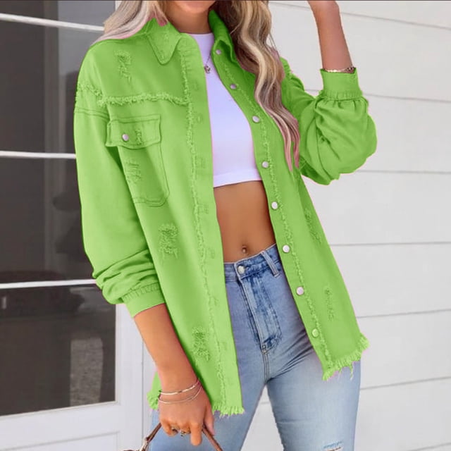 LOVZFMLL Vestes pour Femmes Mode à Manches Longues Décontractée à Boutons Veste en Denim Ample avec Franges et Trous Hauts