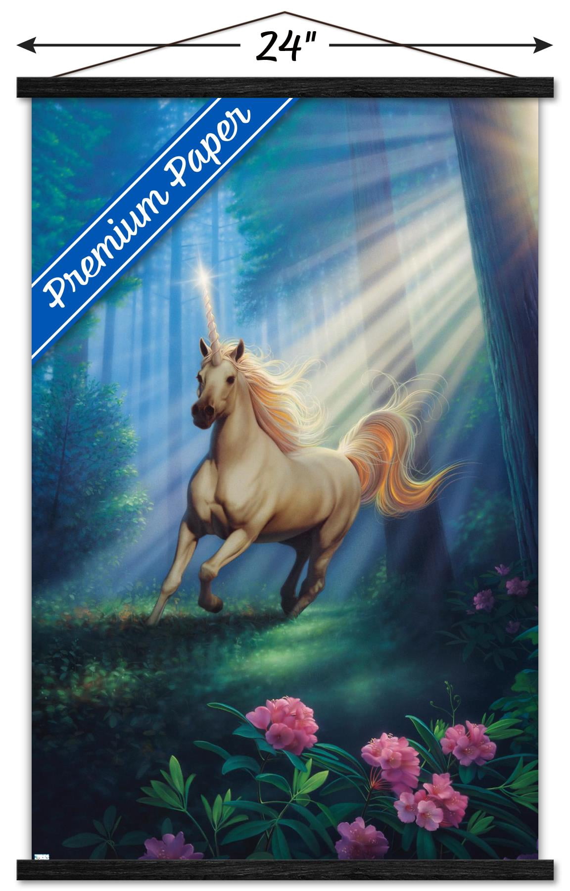 Kirk Reinert - Secret Forest Unicorn Wall Poster with Wooden Magnetic Frame, 22.375" x 34"