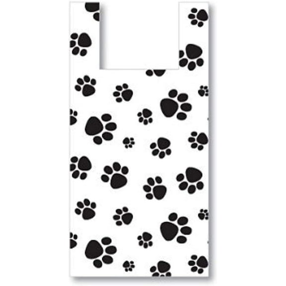 Charm Your Prince CYP 100 White Paw Print Disposable Plastic T Shirt Shopping Gift Bags with Handles - Small - 8 x 5 x 16