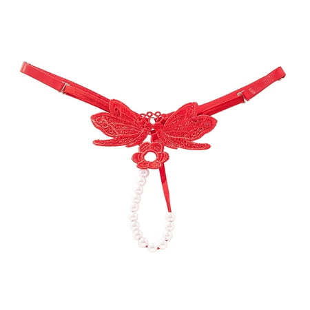 BYHONG Adjustable Large Size Sexy Panties Female Embroidered Pearl Open Crotch Thong Women s Panties Red One Size