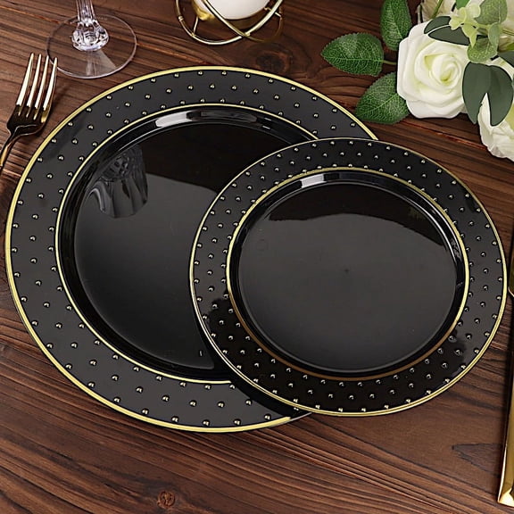 Balsa Circle 10 Black Round Disposable Salad Plastic Plates Gold 3D Dots Trim Party Events Decorations Supplies