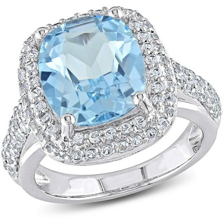 7-1/4 Carat T.G.W. Cushion-Cut Blue Topaz and Created White Sapphire Sterling Silver Cocktail Ring