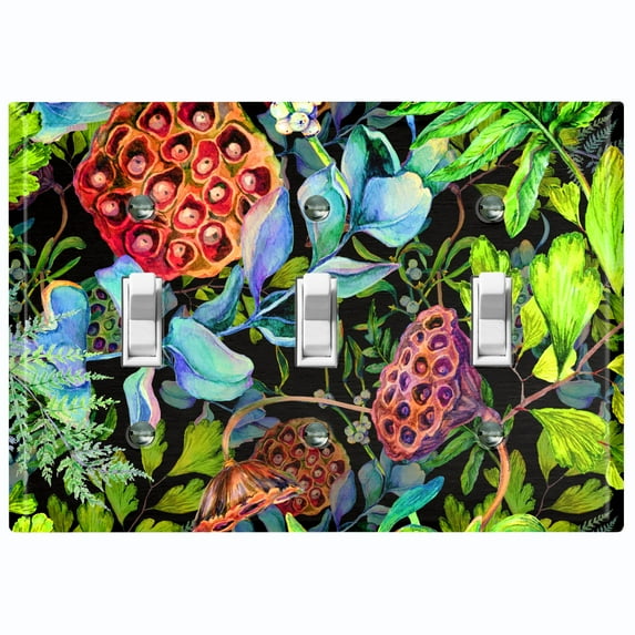 Metal Light Switch Plate Cover Red Lotus Pod Plant Leaves Green FLW023