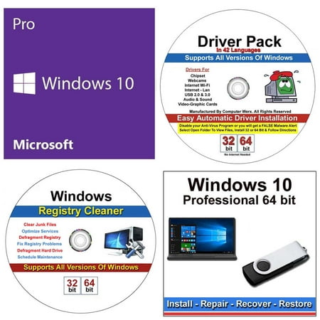 Microsoft Windows 10 Professional 64 bit DVD & Repair restore & Recover USB & Drivers Pack & Registry Cleaner, 4PK