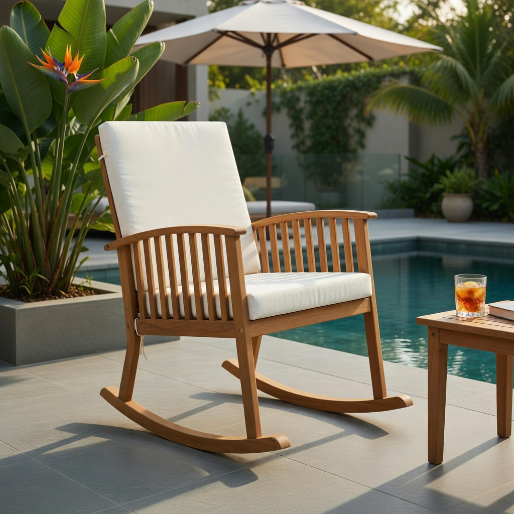 Hommoo Acacia Wood Outdoor Rocking Chair with Removable Washable Cushions, Patio, Backyard & Balcony Seating, Natural
