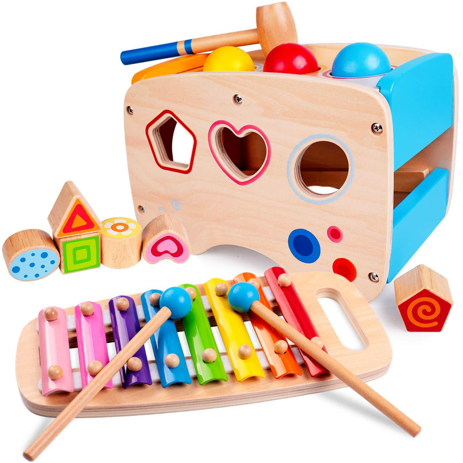 Multi-Colored Wooden Hammering Beat Ball Early Educational Montessori Toy 