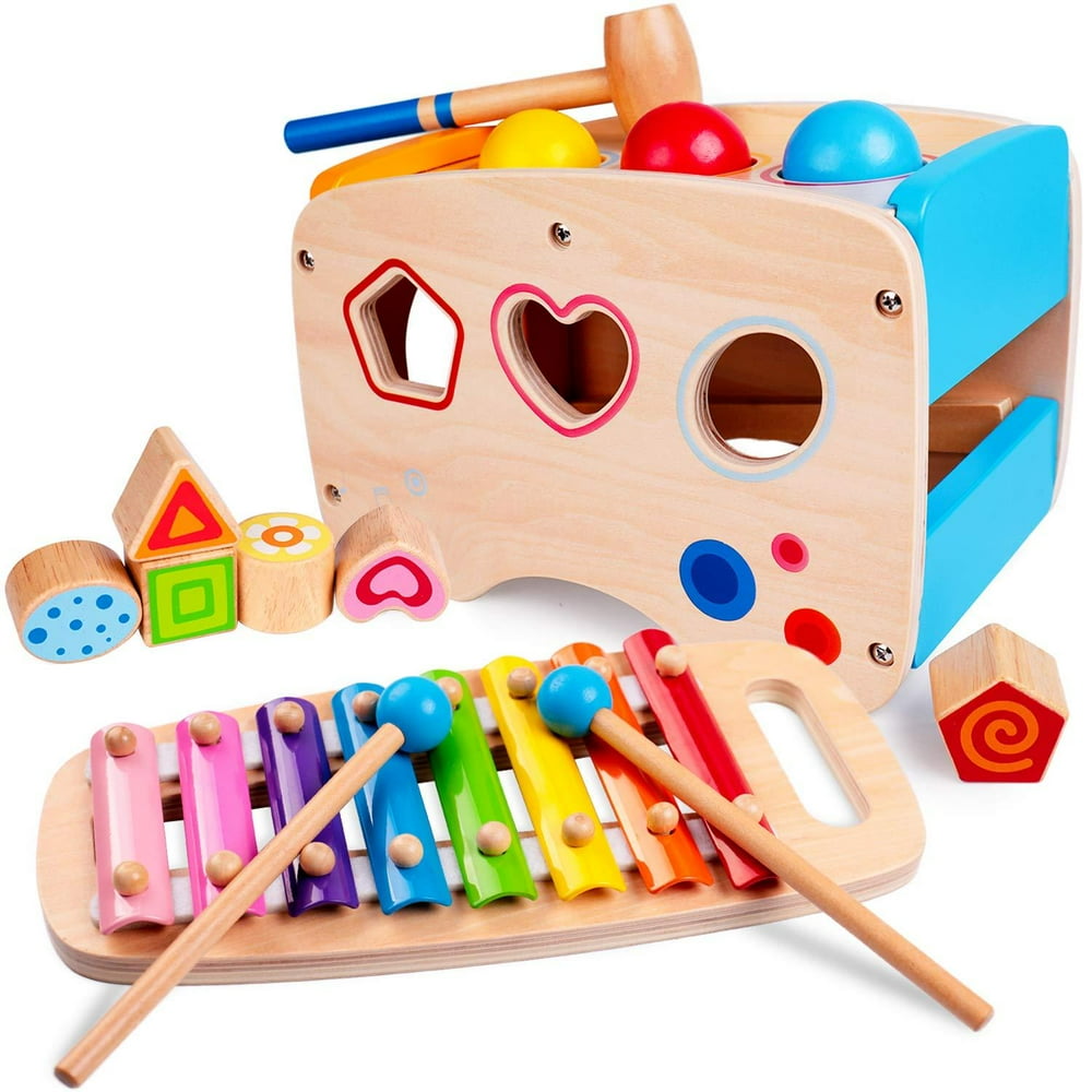 rolimate Hammering & Pounding Toys Wooden Educational Toy Learn 8 Notes Xylophone + Shape Sorter