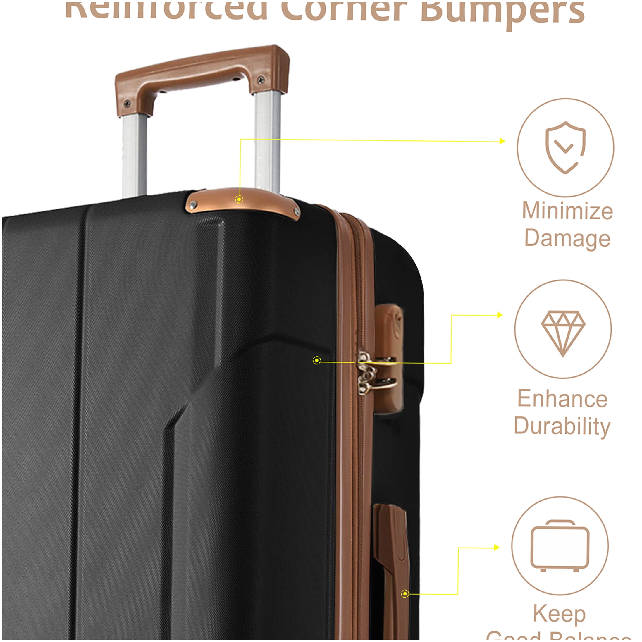 Durable 3-Piece Spinner Luggage Set, ABS Lightweight Hard Shell Suitcases in Black Brown