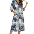 thumbnail image 4 of Defitshape Women's Short Sleeve Robe Boho Hippie Summer Full Zipper House Coat Knee Length V Neck Bathrobe Comfy Soft Stretchy Midi Zip Up Duster Robe w/ Pockets Grey 8, 4 of 4