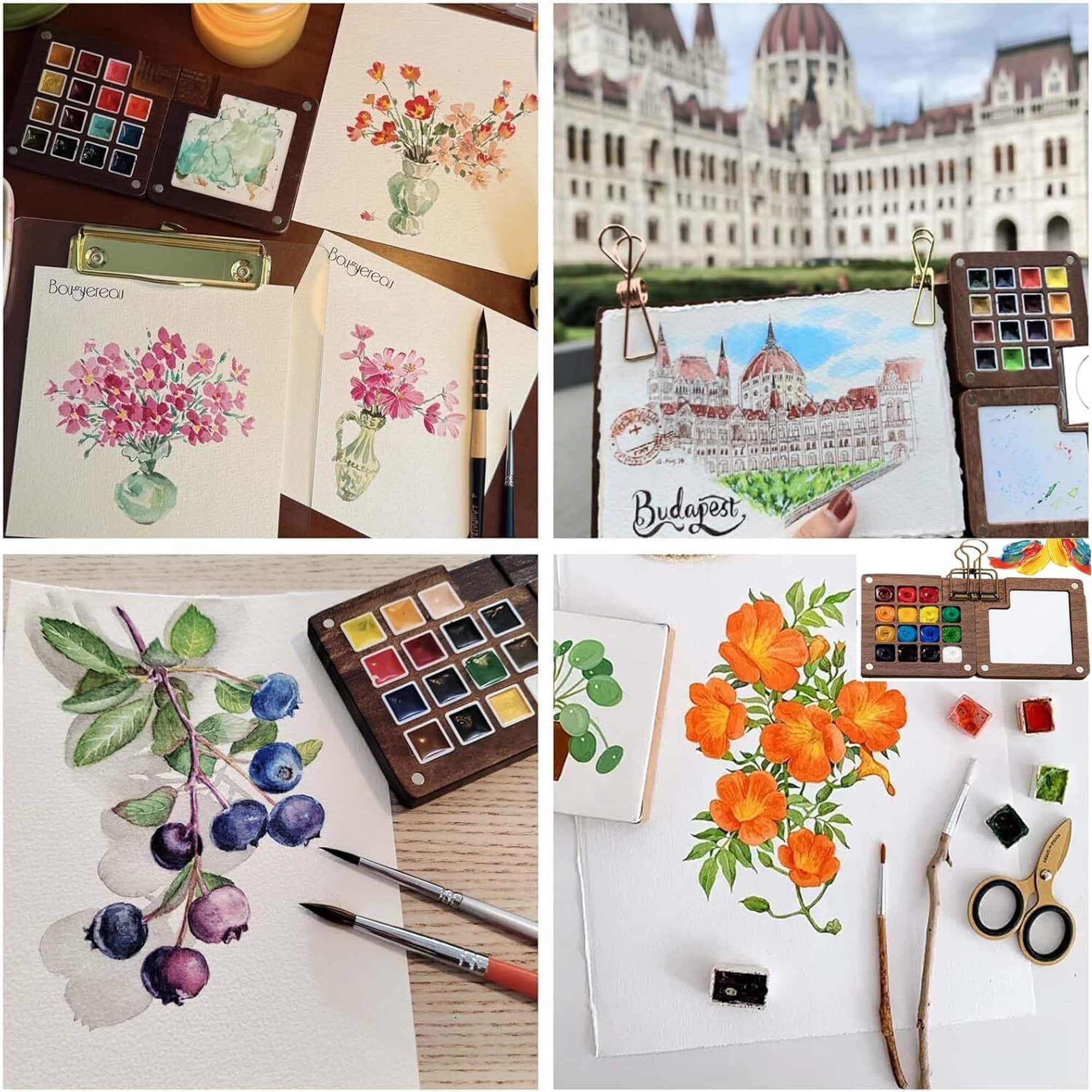 Wiher Mini Watercolor Set, 24-color Portable Paint Set with Wooden Grid Box Picture Book Wate Pen and Metal Clip for Painters Artists Students (15 Grids)