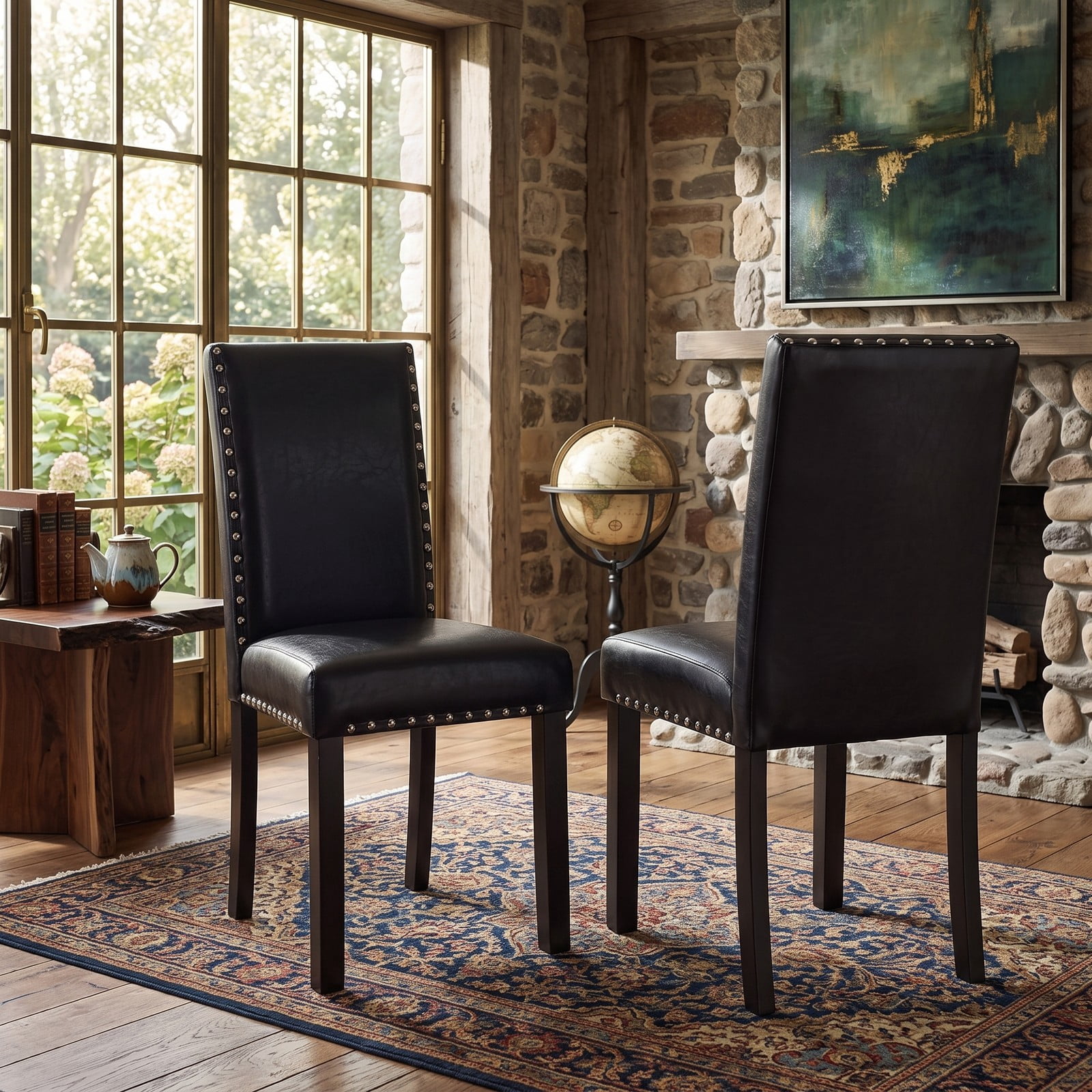 Furnibear Set of 4 Dining Chairs, Upholstered Faux Leather Kitchen Chairs with Solid Rubber Wood Legs, Nailhead Trim Armless Side Chairs for Dining Room, 400, Black