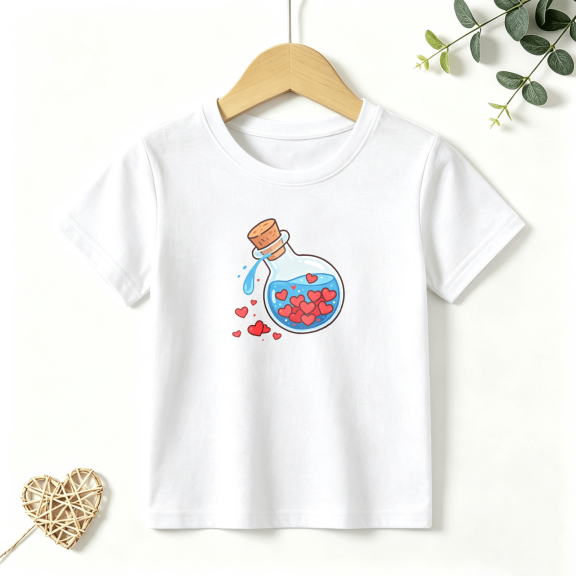 Girls Graphic Tees Magic Heart Potion Bottle Kids T Shirt Cute Pink 100% Cotton Short Sleeve Soft Tops 4-13Y