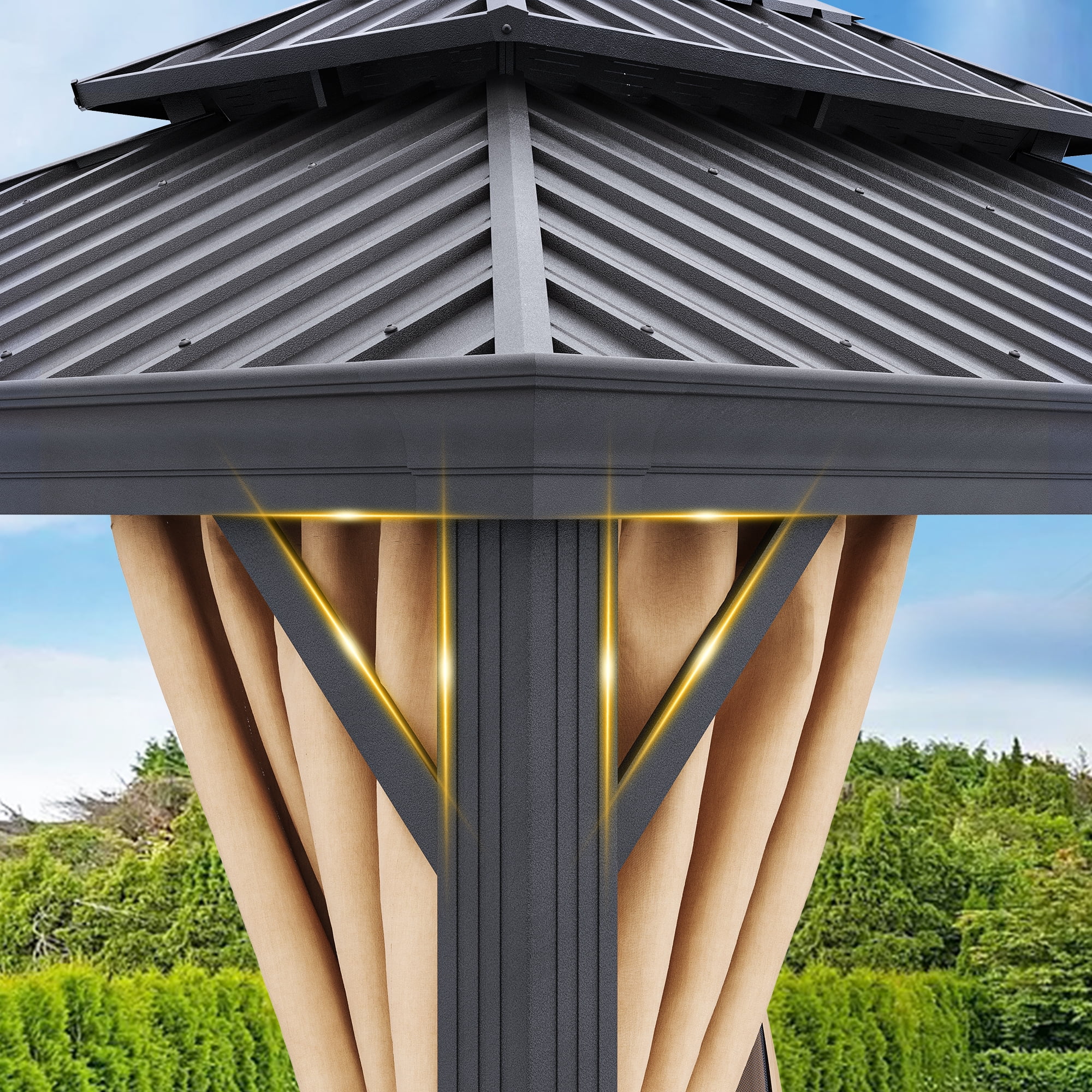 Dextrus 10x12ft Hardtop Gazebo with Nettings and Curtains, Heavy Duty Galvanized Steel Outdoor Vertical Stripes Roof for Patio, Backyard, Deck, Lawns, Brown