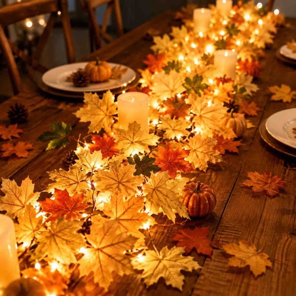 Yhmxh Lighted Fall Maple Leaf Garland, Battery Operated Artificial Autumn Maple Vine String Lights, Wrinkle Resistant Garland for Railing Mantel Front Door Window Wall, Thanksgiving Harvest Decor