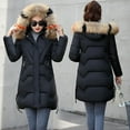 thumbnail image 3 of Winter Women Cotton Jacket with Furry Hood Neck Protection Pockets Mid Length Zipper Closure Padded Coat Solid Color Windproof Outwear Parka, 3 of 7