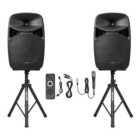 VEVOR Portable PA System, 2000W (PMPO) Powered, Sound System Set with 3 Channel Mixer, Dual Speakers, Wireless Bluetooth, Microphone, Compact Stands, USB & SD Inputs, Remote Control, for DJs Events