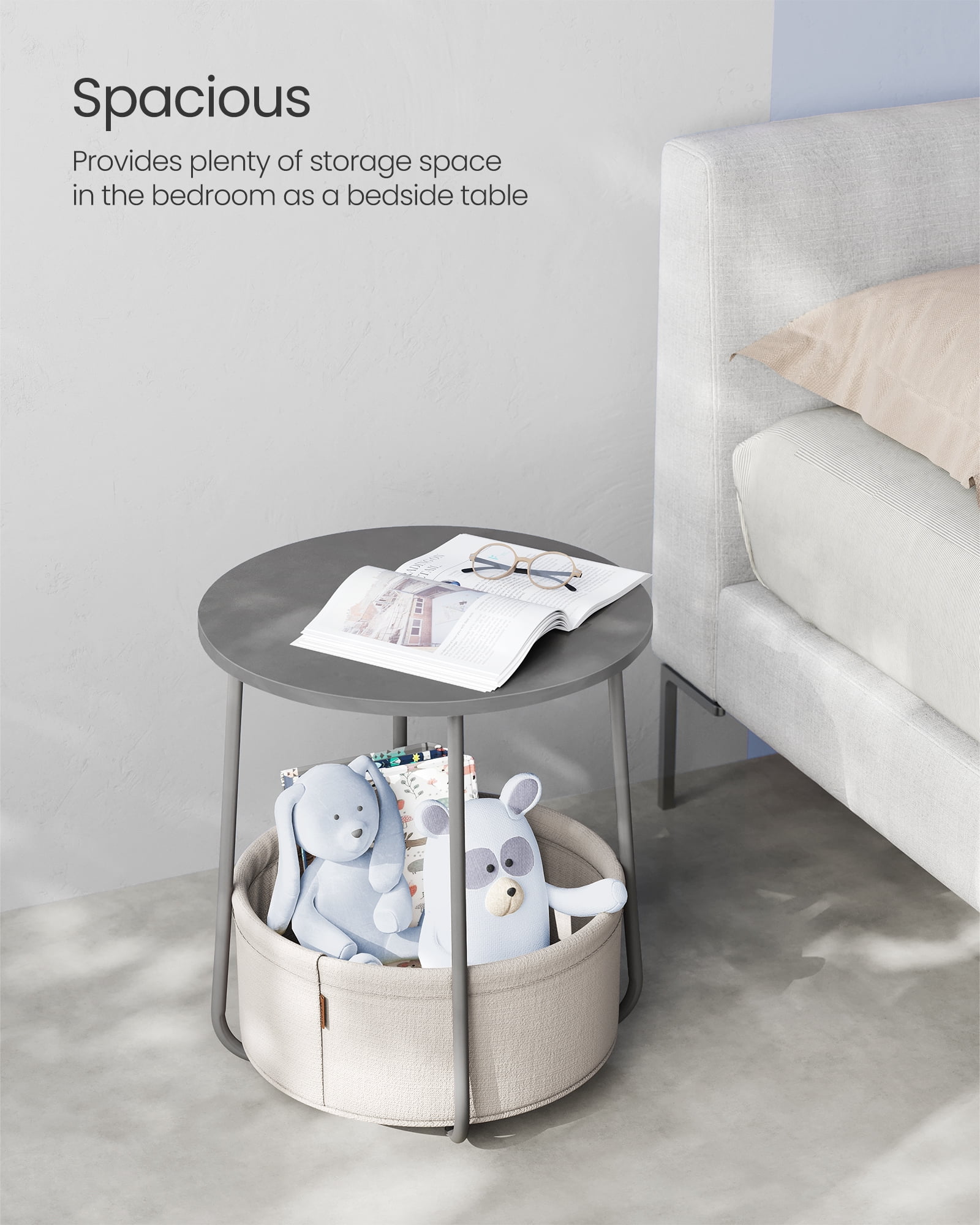 Round End Side Table with Fabric Storage Basket Bedside Table Nightstand for Living Room Bedroom Dove Gray Classic White