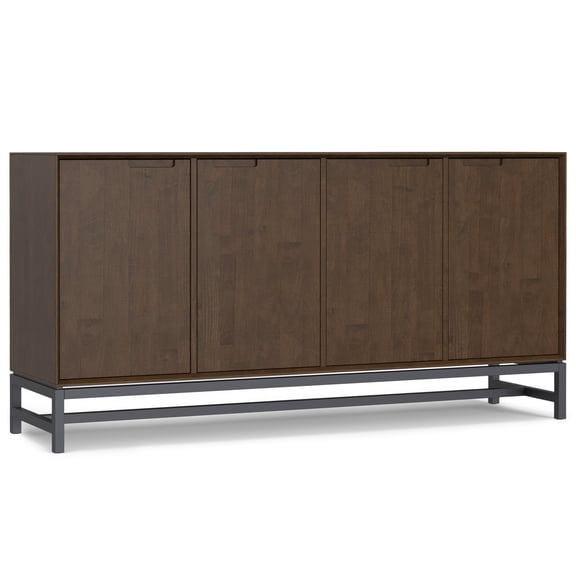 Simpli Home Banting SOLID HARDWOOD and Metal 72 inch x 18 inch Rectangle Modern Industrial 4 Door Sideboard Buffet in Walnut Brown