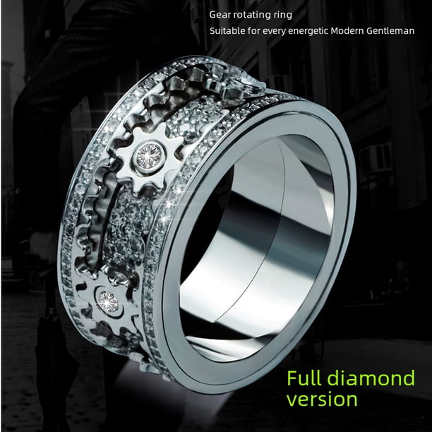 Agite el mismo anillo giratorio para hombre con engranaje de estrella incrustado con diamantes CNC, anillo mecánico giratorio para pareja