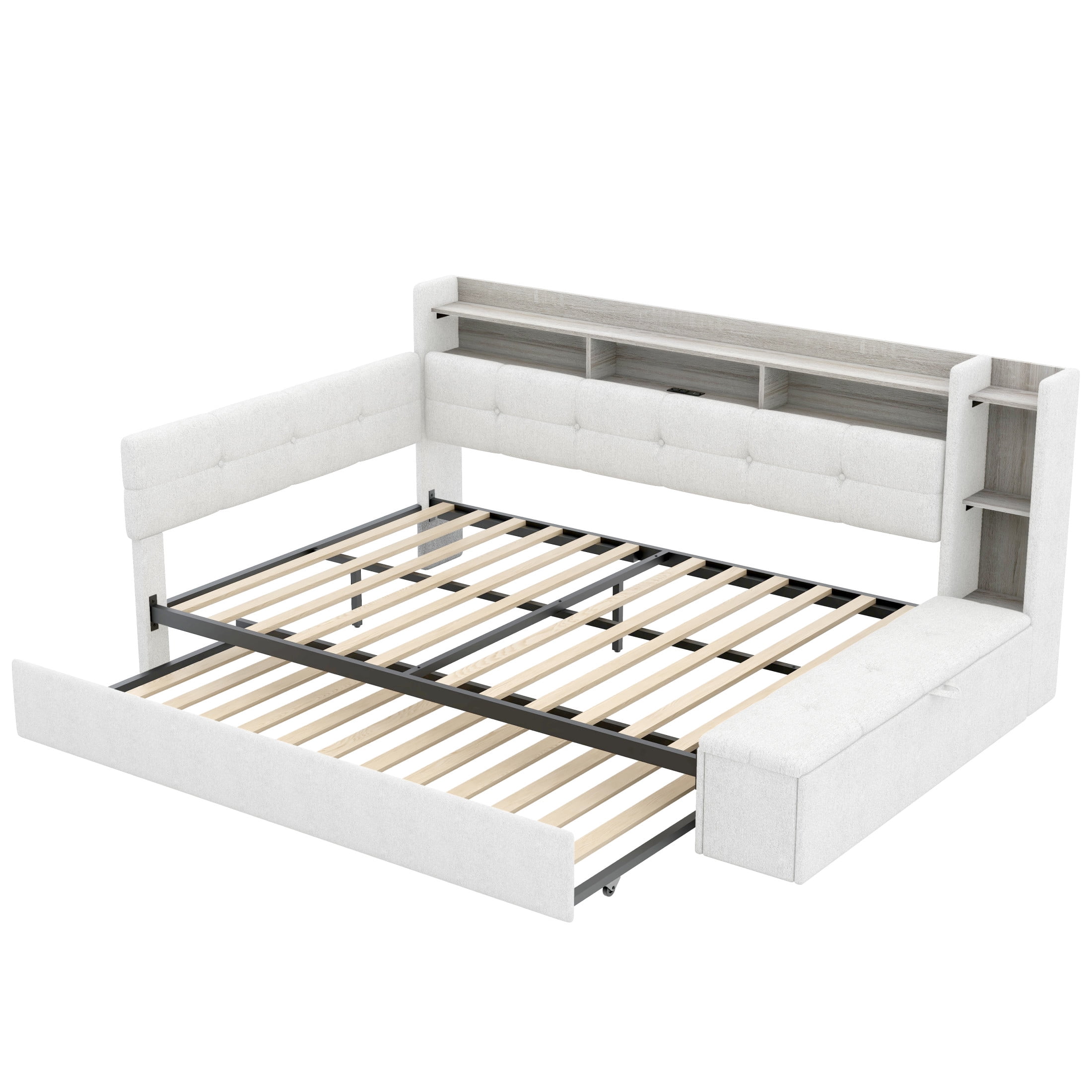 Noble House Brevon Full Size Upholstered Daybed with Trundle, Built-in USB Charging Station and LED Light, Beige