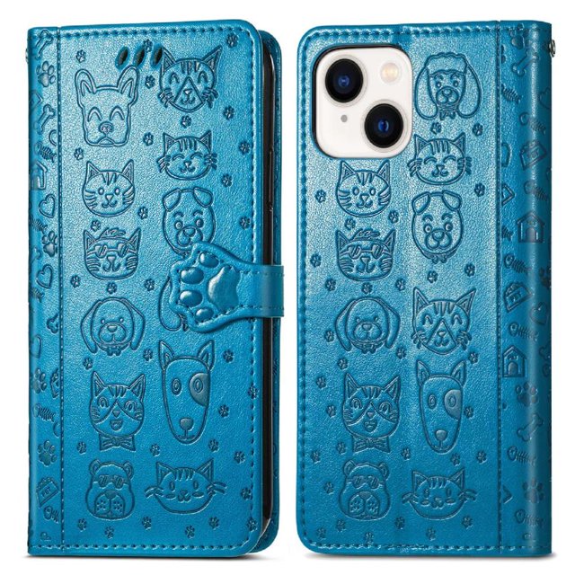 Funda Cartera FOXDOCK para iPhone 14 , Flip PU con Relieve de Gatos y Perros, Tarjetero y Soporte