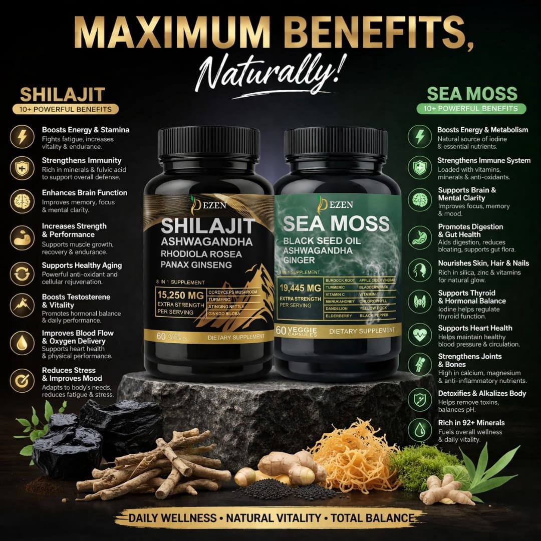 Premium Shilajit & Sea Moss Capsules Combo Pack with Ashwagandha, Turmeric, Black Seed Oil, Irish Sea Moss Blend, 30 Servings