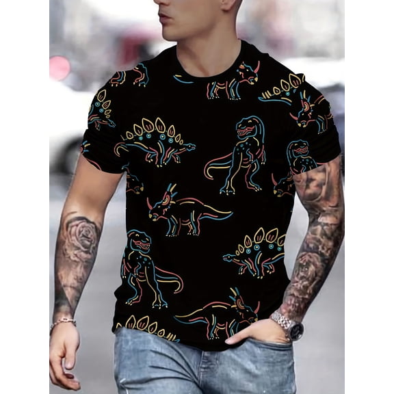 Men's Novelty Dinosaur Print T-Shirt - Breathable Polyester, Black with Colorful Dinosaur Illustrations, Casual Crew Neck T-Shirt for Casual Wear
