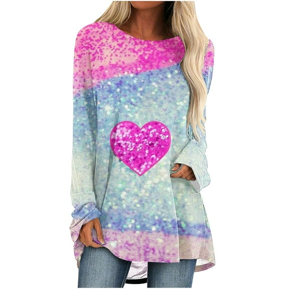 Luxalzxs Womens Long Sleeve Tops Plus Size Valentines Day Crewneck Love Heart Print Casual Pullover Tees Tops