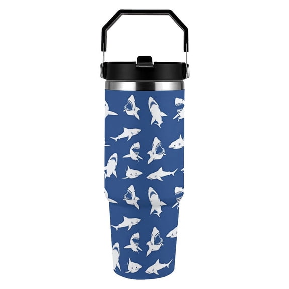 Shark Fierce Blue Winter 30 oz Stainless Steel Tumbler with Handle， Insulated Travel Coffee Mugs Cup Gifts for Men Women Kids