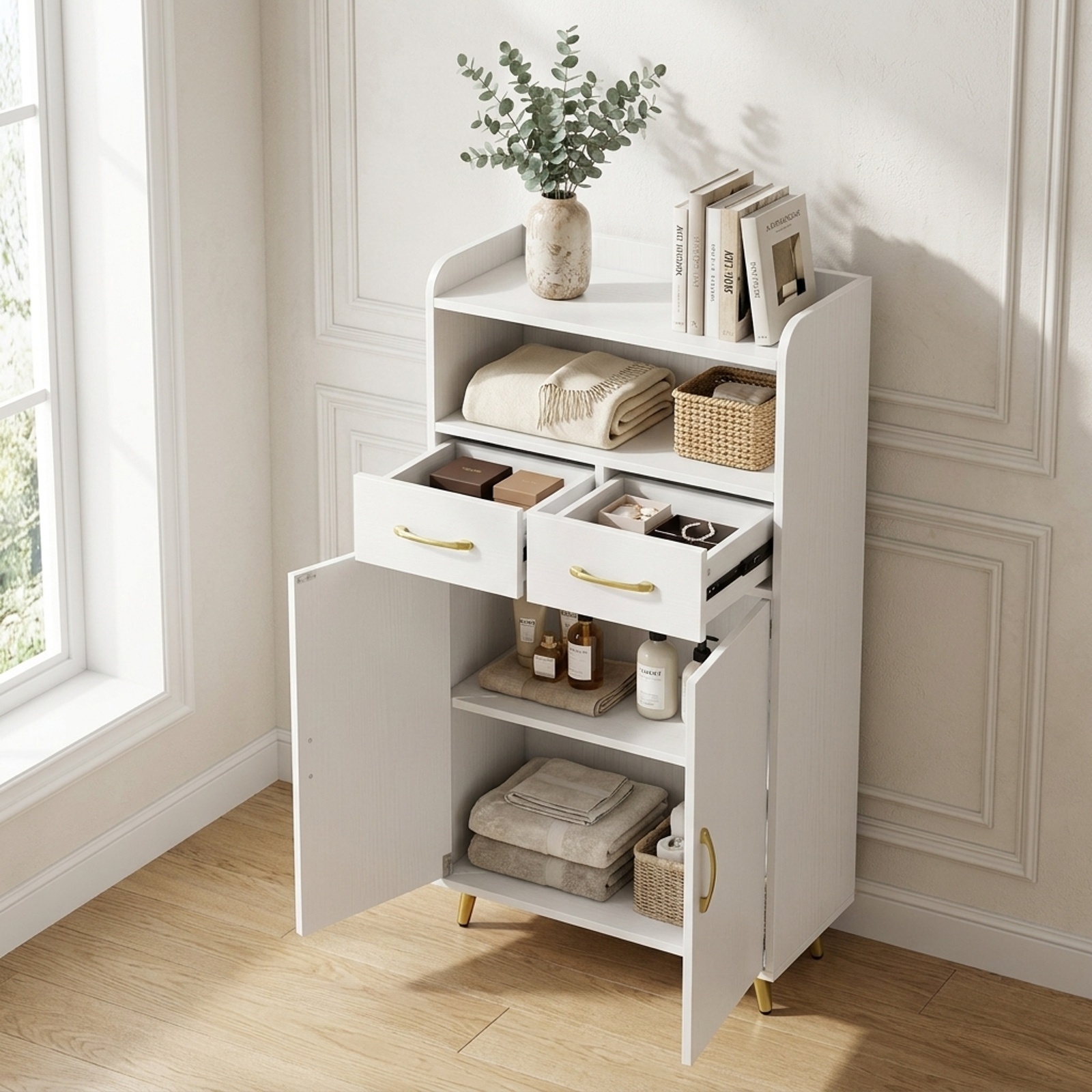 Vebreda Freestanding Bathroom Storage Cabinet, Bathroom Storage Cabinet Freestanding Floor Cabinet with 2 Drawers, Complement Various Rooms