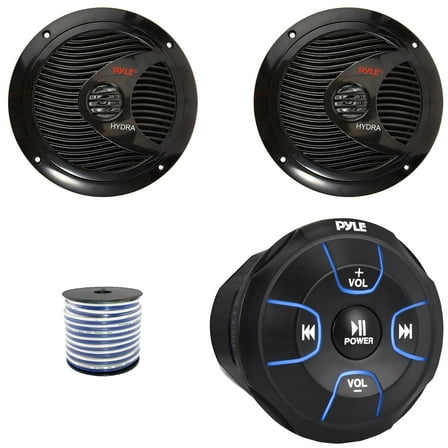 Pyle PLMRBT18 Bluetooth Audio Amplified Marine Waterproof Controller, Pyle PLMR60B 6.5" 150 Watts Max Power Full Range Dual Cone Black Boat Speakers (1 Pair), 50 Feet 18 Gauge Speaker Wire