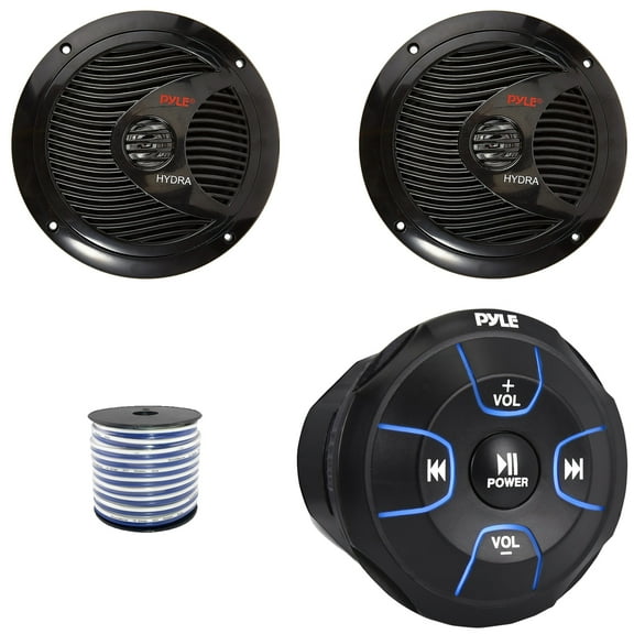 Pyle PLMRBT18 Bluetooth Audio Amplified Marine Waterproof Controller, Pyle PLMR60B 6.5" 150 Watts Max Power Full Range Dual Cone Black Boat Speakers (1 Pair), 50 Feet 18 Gauge Speaker Wire