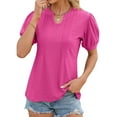 thumbnail image 3 of Hibeli Women Hollow Out V Neck Puff Short Sleeve Solid Color Pullover Top, 3 of 7