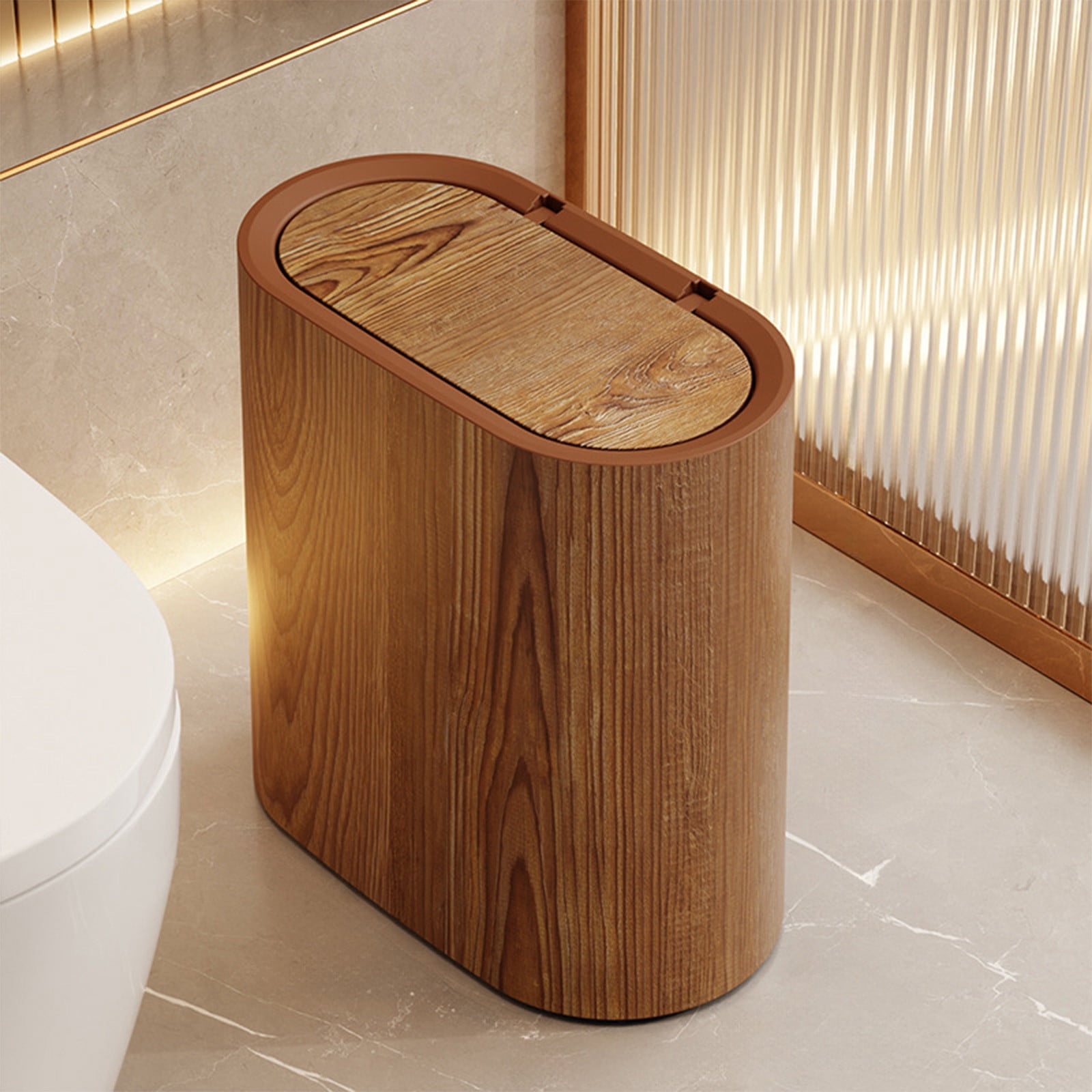 Plastic Wood Pattern Trash Can Small Garbage Bin with Lid for Bathroom Narrow Wastebasket Modern Wastebasket for Home Indoor Hotel, 6x11x11in