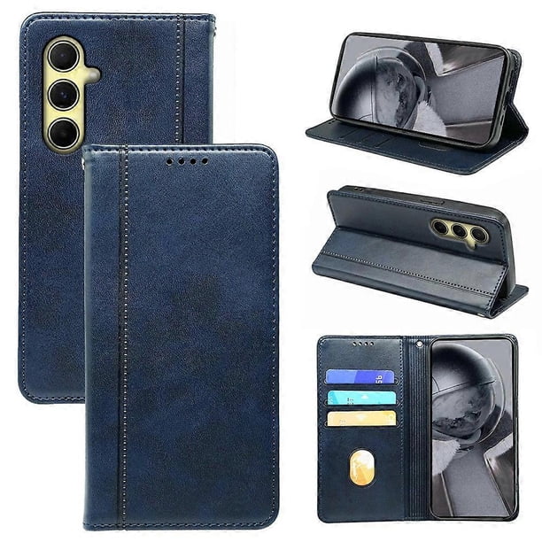 For Samsung Galaxy A56 Case Hidden Magnetic Closure Calf Texture Leather Phone Cover - Blue