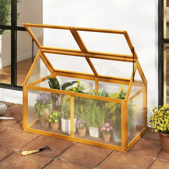 DRAZUNO Wood Cold Frame Greenhouse w/Transparent Panels Adjustable Roof, Indoor Outdoor