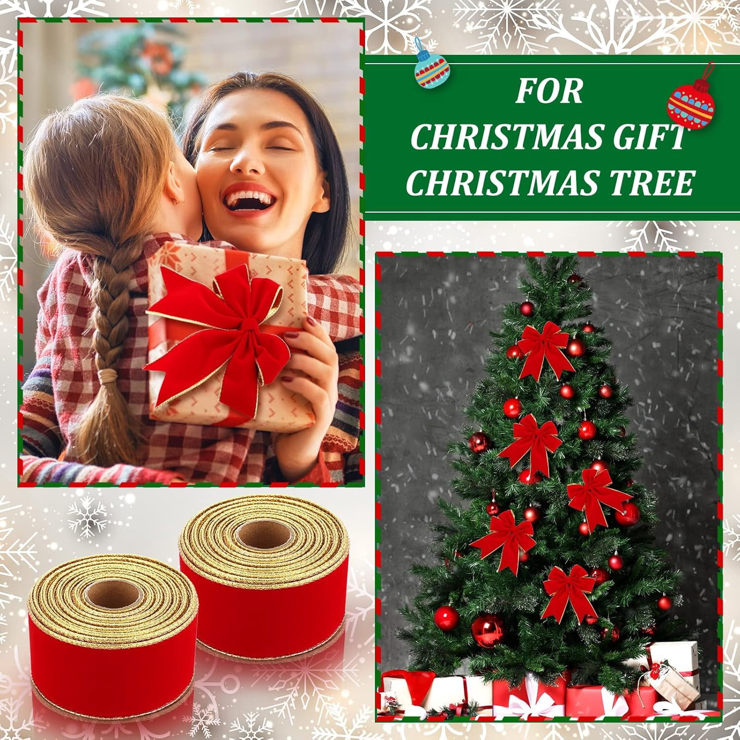 6 Rolls 30 Yards Christmas Red Velvet Ribbon with Gold Edge 2.5 Inch Wide Wired Ribbon Outdoor Ribbon Holiday Decorative Ribbon Fabric Ribbons for Xmas Tree Bow Wreath Making Gift Wrapping Craft