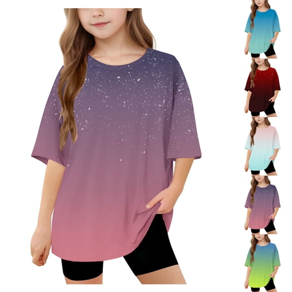 SGFCWSX Girls Short Sleeve T-Shirt, Kids Gradient Tees Relaxed Fit Crew Neck Daily Summer Tops Purple Size 8-9 Years