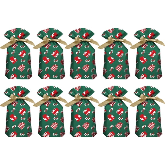 10 PCS Christmas Drawstring Gift Bags, 7x5in Xmas Gift Bags, Made of Food-Grade Aluminized Polymer, Reusable Eco-Friendly Drawstring Sacks for Holiday Wrapping & Party Favors