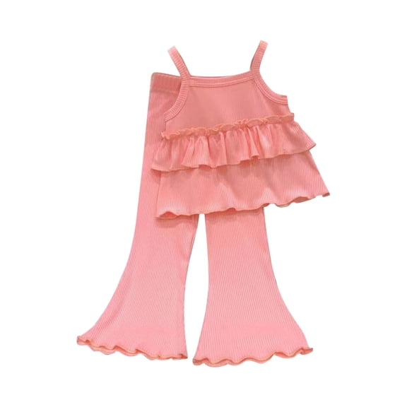 Mercatoo Kids Girls Solid Color Sleeveless Outfits Ruffla Ribbed Tank Top Bell Bottom Pants Sets Trendy Slim Kids Cute Clothes