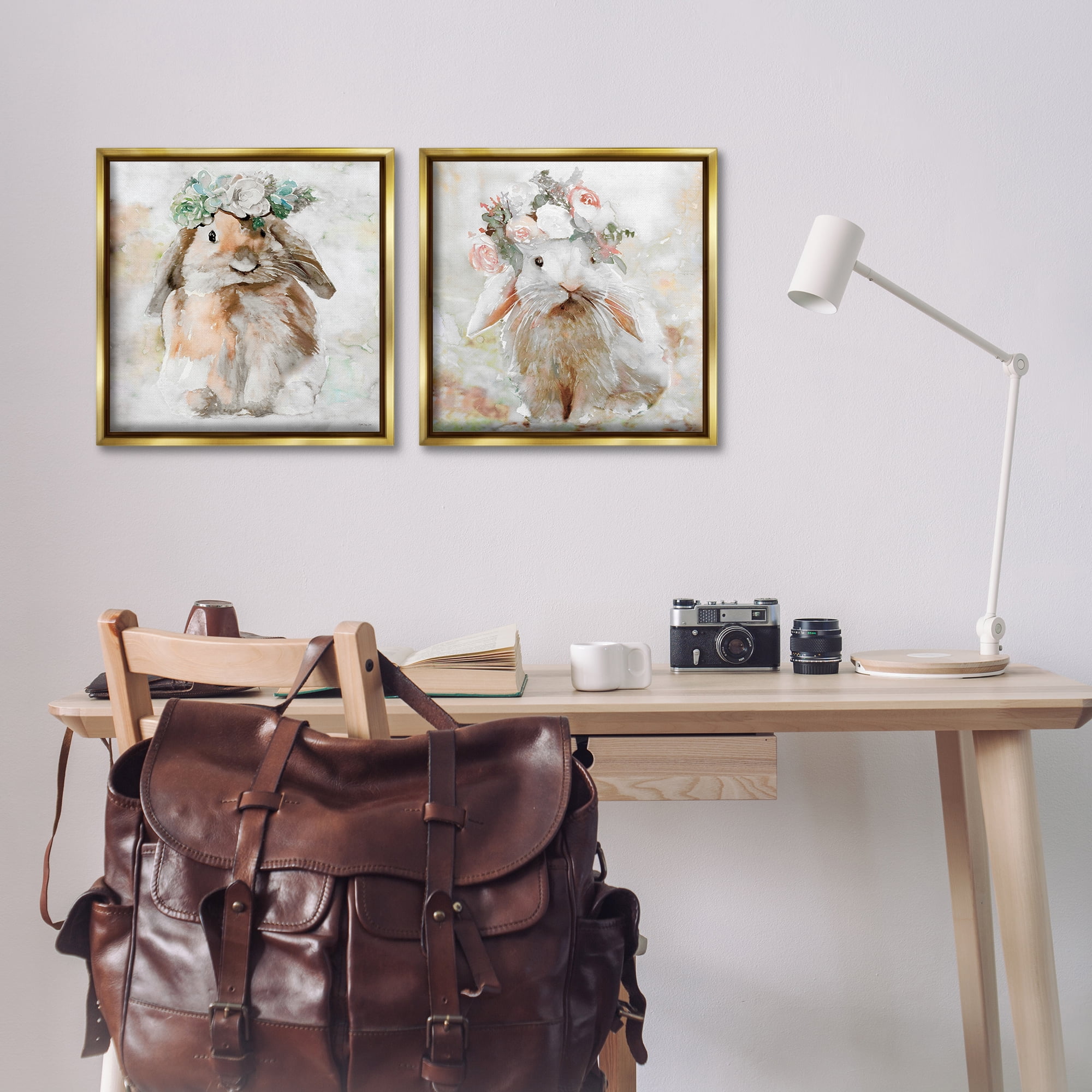 Stupell Industries Soft Spring Floral Bunnies Animals Painting Gold Floater Framed Canvas Art Print Wall Art, 18 x 18, Set of 2