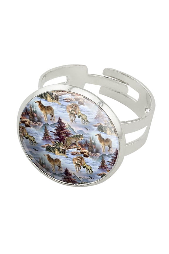 Wolf Pack Baby Wolves Snow Mountains Pattern Silver Plated Adjustable Novelty Ring