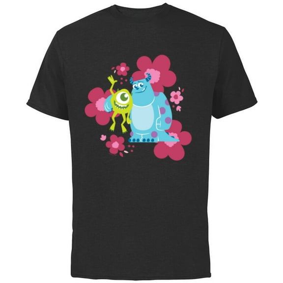 Disney and Pixar’s Monsters Inc Cute Sulley & Mike Flowers - Short Sleeve Cotton T-Shirt for Adults - Customized-Black