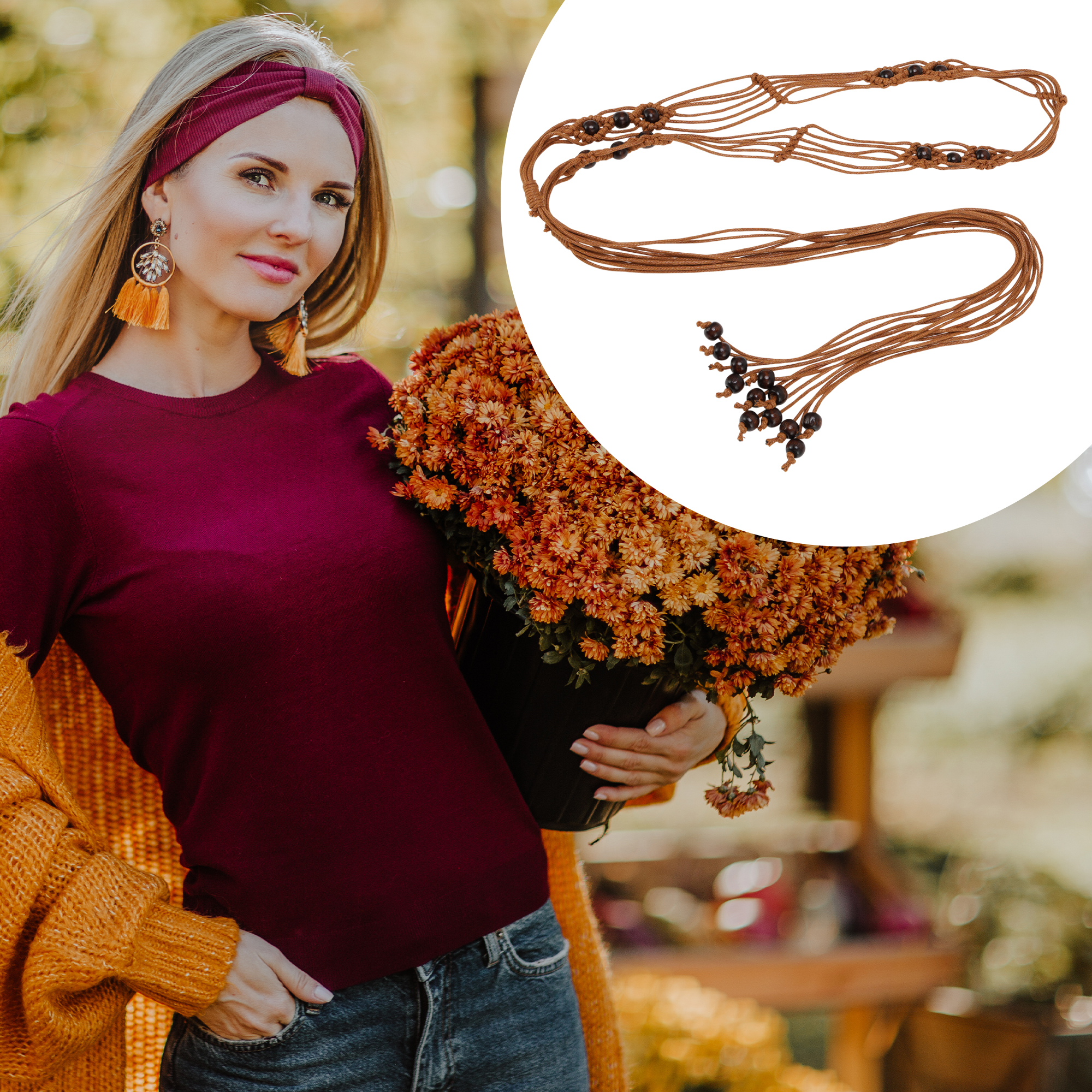 Unique Bargains Beaded Weaving Adjustable Waist Rope Fashion Accessory for Women Brown
