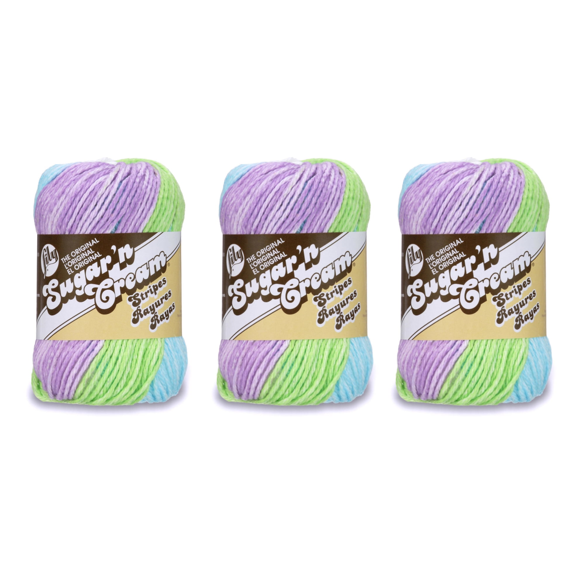 3 Skeins Lily Sugar'n Cream Stripes Yarn, Gauge 4 Medium Worsted, Violet Stripes