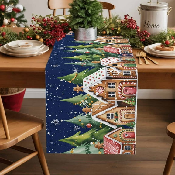 Burlap Table Runner 36 Inches Long,Abstract Gingerbread Candy Non-Slip Kitchen Table Runners for Dining Room Everyday Use Party Table Decorations Christmas Tree Snow