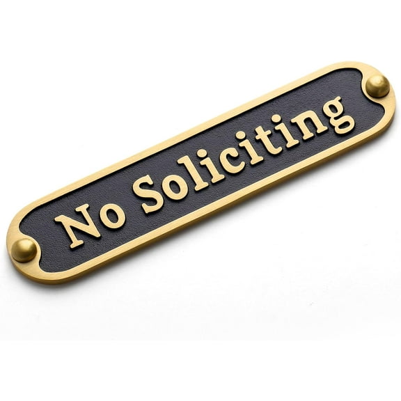 Brass No Soliciting Sign 6.5" for Home/Office, Brushed Matte Brass Finish, Hidden Screws and Nanotape Adhesive, Classic Design for Front Door, House, Business, Wall Decor, Doorbells - Arc