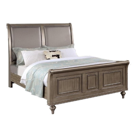 Benjara Ella Modern California King Bed- Faux Leather Upholstery- Nailhead- Gold